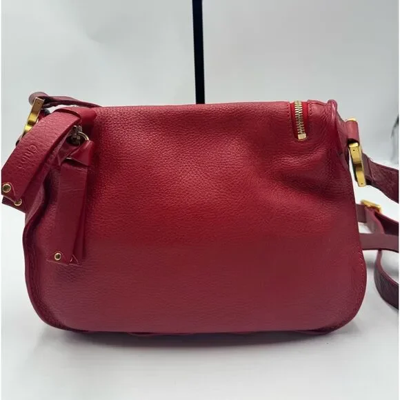 Chloe Marcie Scarlet Red Leather with Burgundy Crossbody Saddle Bag Auth - Picture 4 of 16
